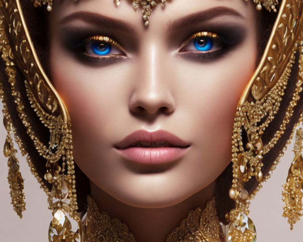 Portrait of woman with vivid blue eyes and ornate gold jewelry.