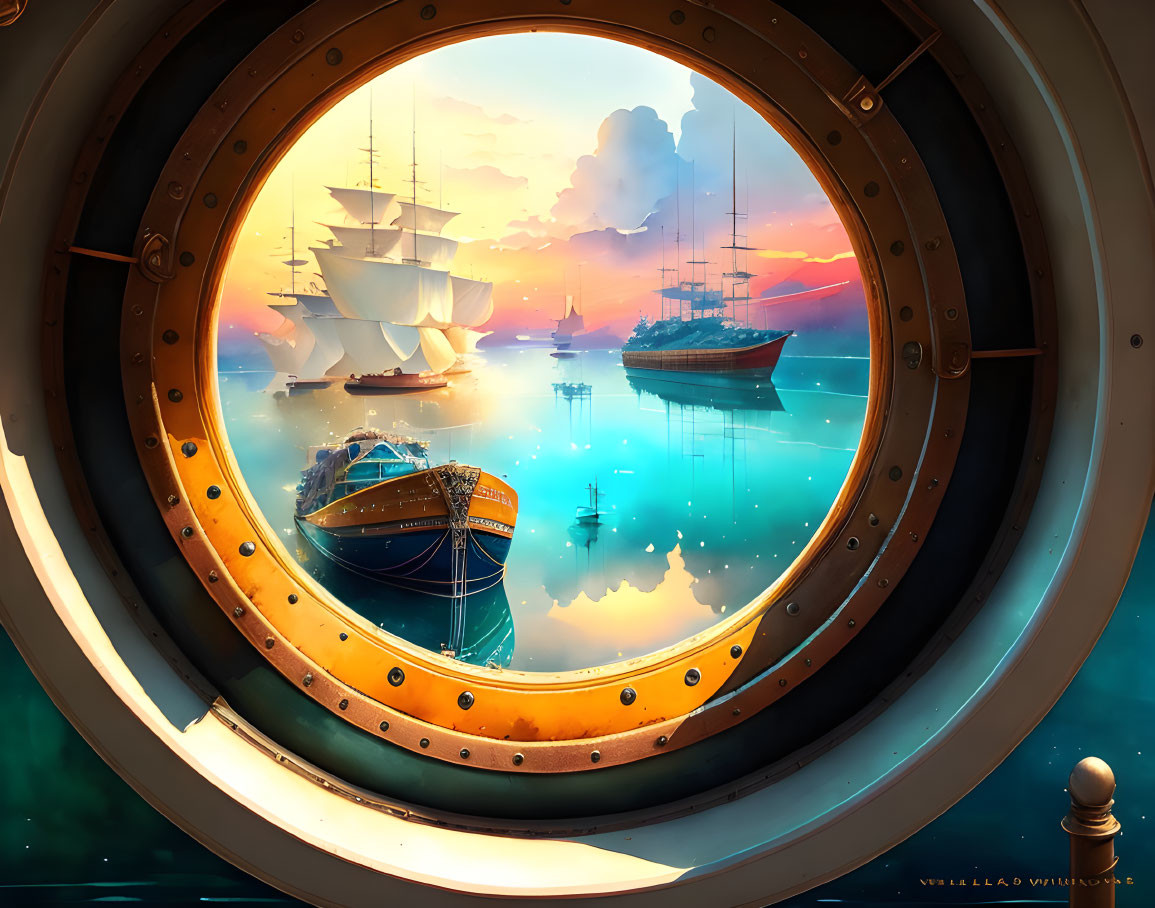 Submarine porthole view of sailing ships on calm sea at sunset