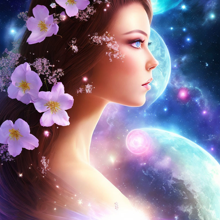 Cosmic-themed digital art portrait of a woman with moon, stars, and flowers