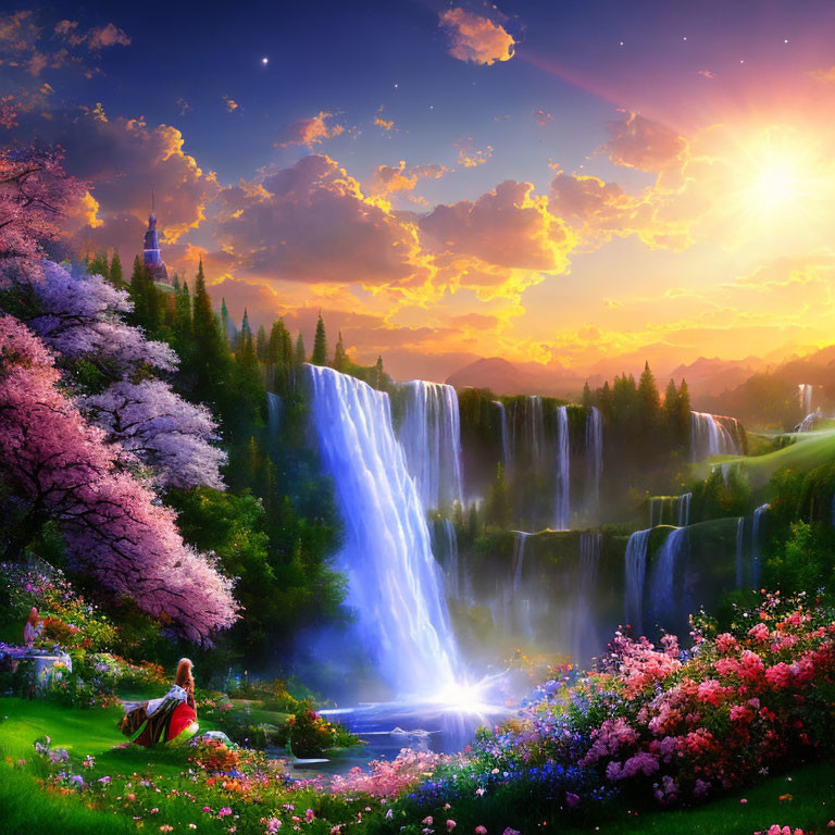 Scenic landscape with waterfalls, cherry blossoms, colorful flowers, and sunset.