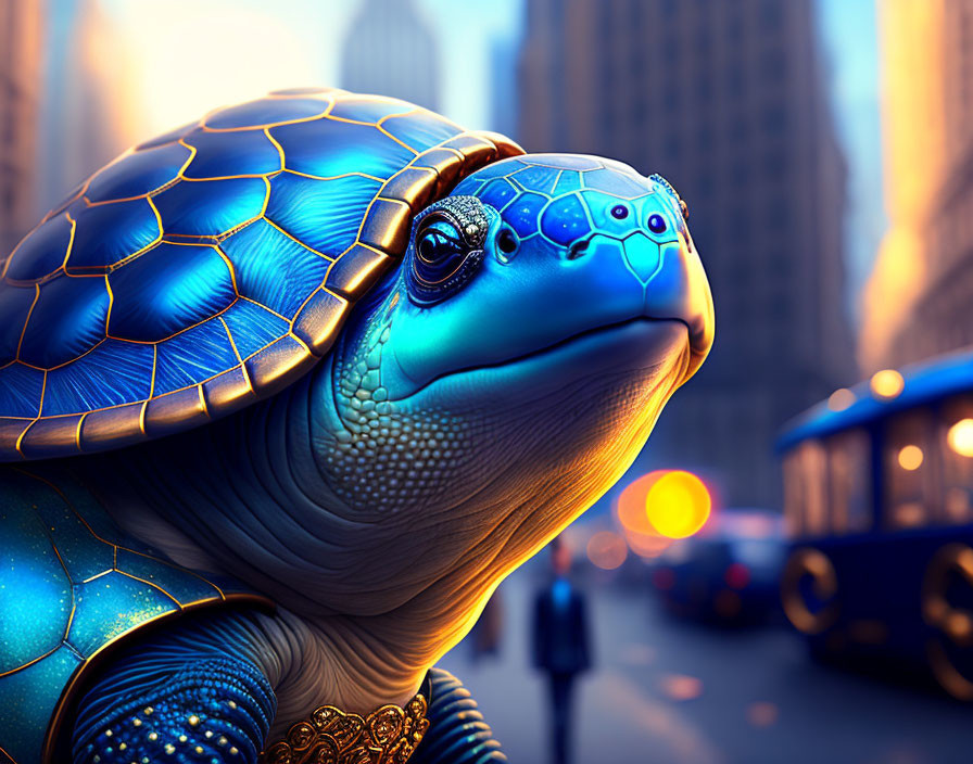 Colorful large turtle in urban street with detailed shell and buildings in background