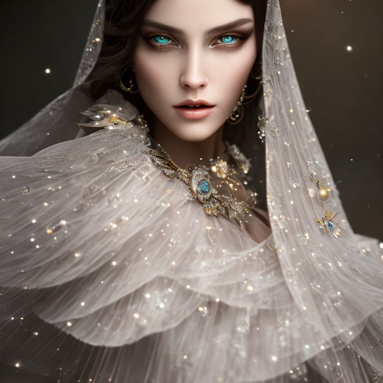 Portrait of Woman with Striking Blue Eyes and Elegant Jewelry