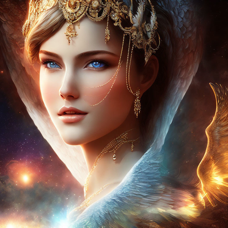 Fantasy image: Woman with blue eyes, golden headpiece, feathers, cosmic backdrop