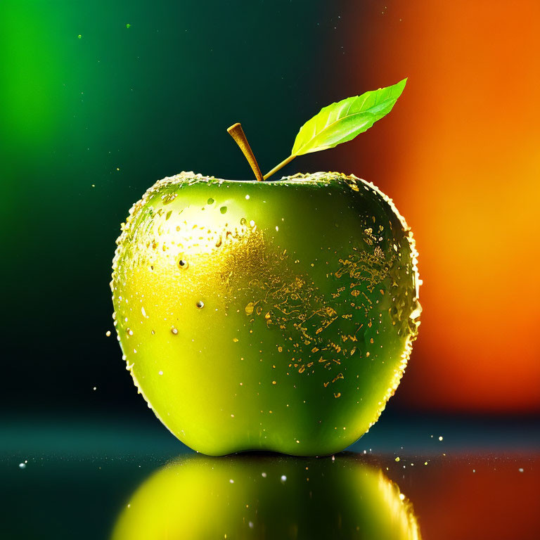 Green Apple with Water Droplets on Colorful Gradient Background