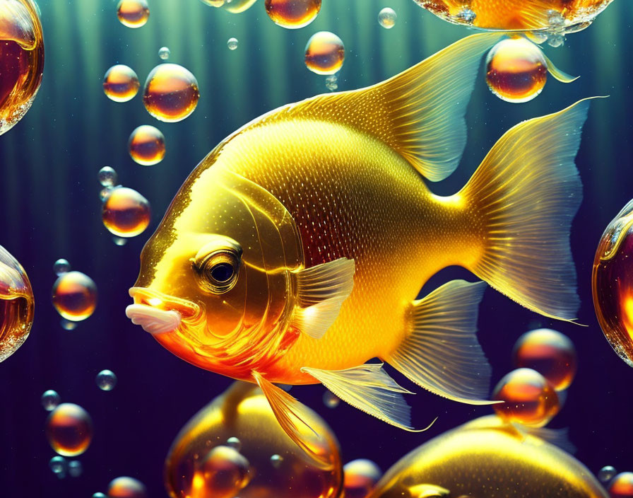 Golden Fish Surrounded by Bubbles in Dark Underwater Scene