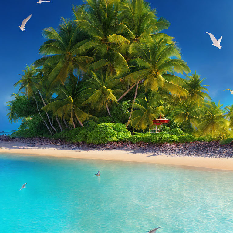 Tropical beach scene with palm trees, blue water, sand, birds, and gazebo