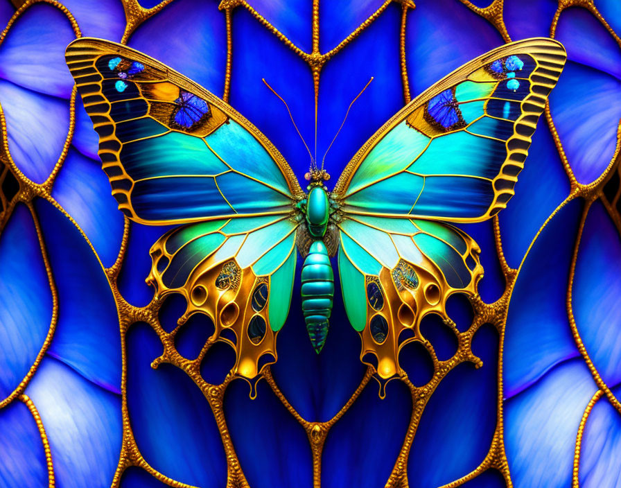 Blue and Gold Butterfly with Intricate Wing Patterns on Deep Blue Background