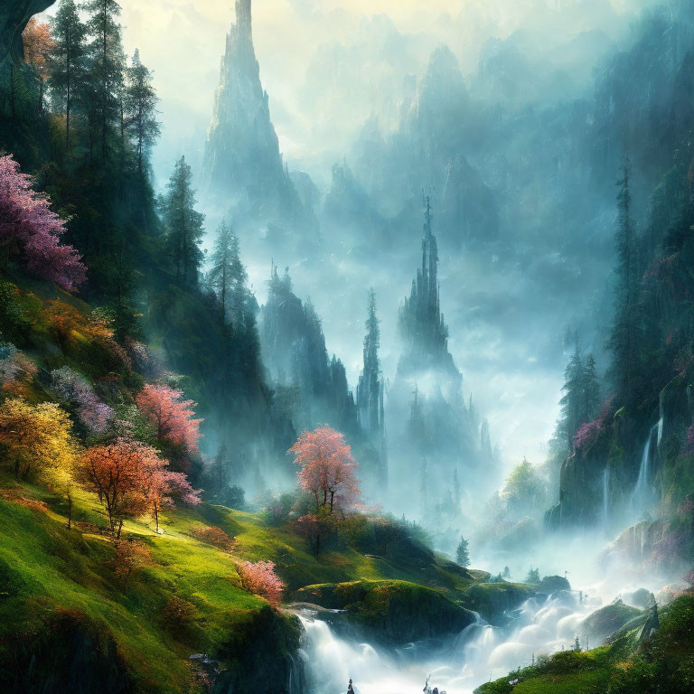 Mystical landscape with towering spires, fog, greenery, pink trees, and a river