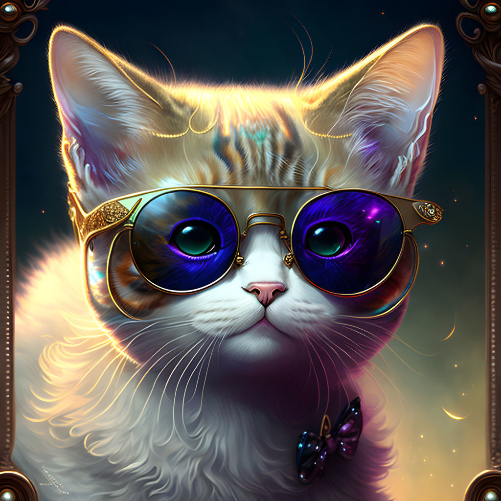 Illustration of Fancy Cat with Purple Glasses, Gold Chain, and Bow Tie