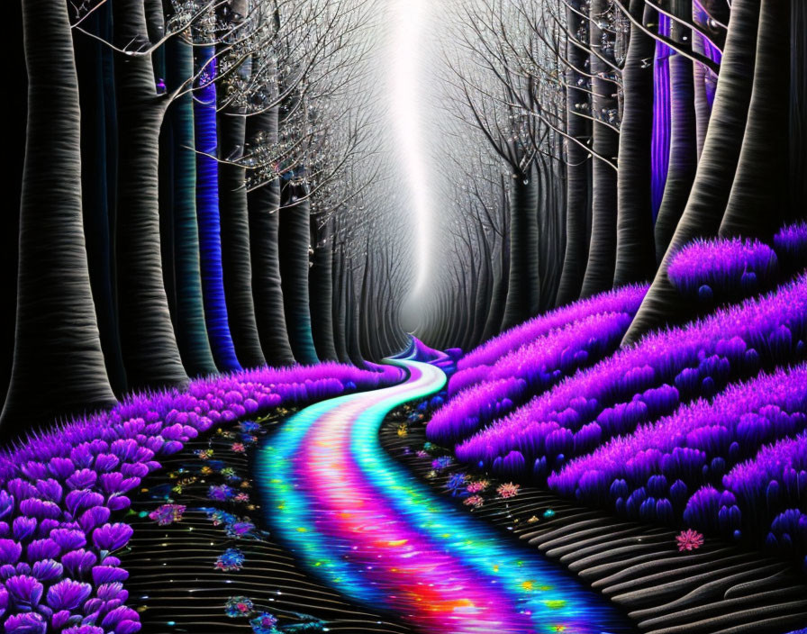 Colorful digital artwork: Mystical forest with rainbow path, dark trees, purple flora, and light