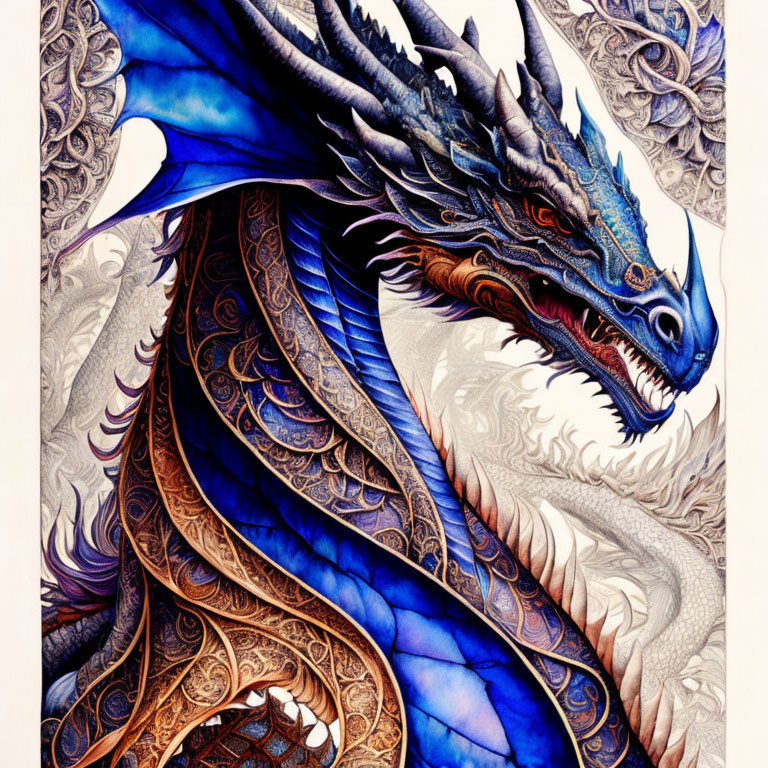 Detailed Blue Dragon Illustration with Intricate Patterns on Scales, Wings, and Horns