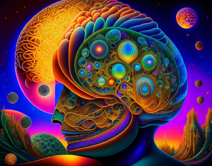 Colorful Psychedelic Human Head Profile with Cosmic Brain Landscape