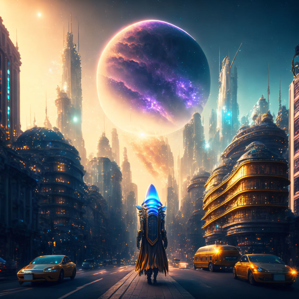 Futuristic city street with cloaked figure, skyscrapers, flying cars, and enormous planet