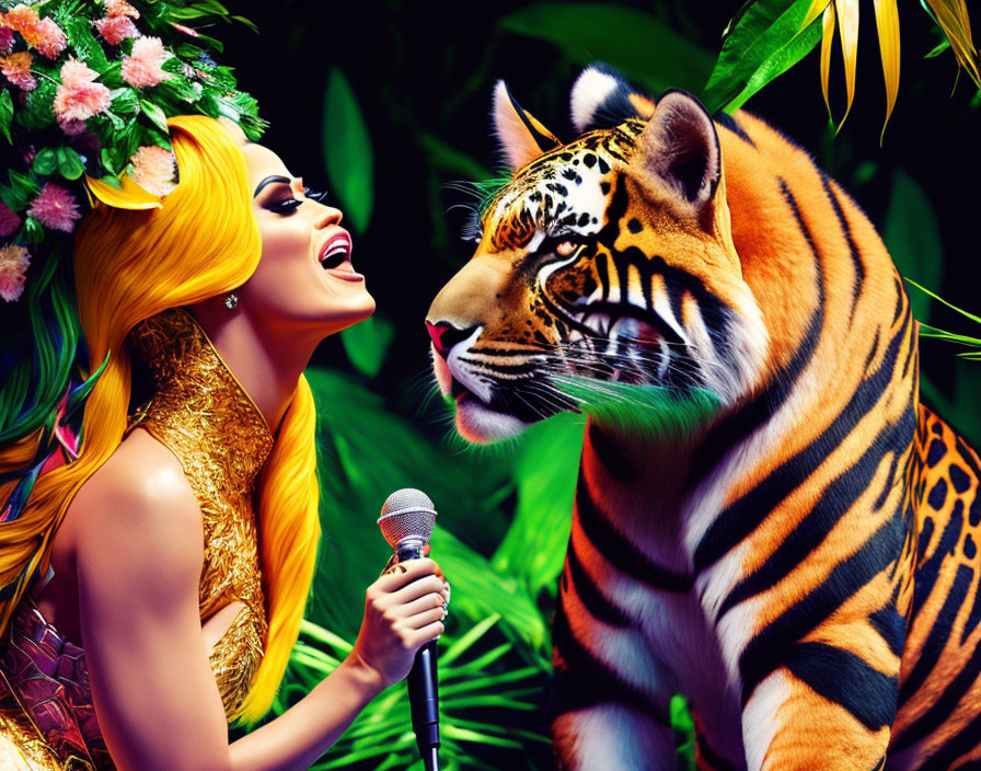 Colorful illustration of female singer with yellow hair and floral crown, holding mic next to realistic tiger in