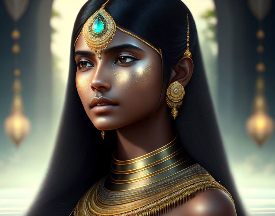 Digital artwork: Woman adorned in golden jewelry against forest backdrop