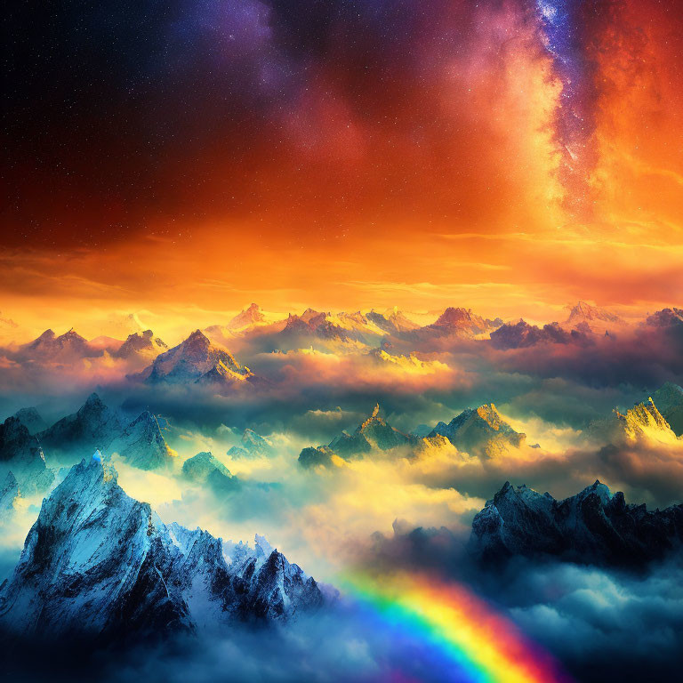 Colorful Landscape with Rainbow, Snowy Mountains, and Cosmic Sky