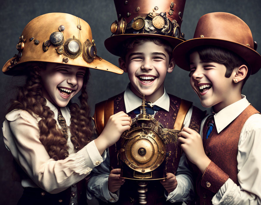 Three children in steampunk attire with elaborate hats holding a fantasy mechanical device