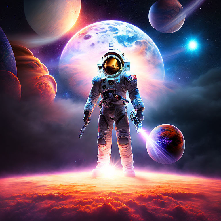 Astronaut in surreal cosmic scene with planets and nebula