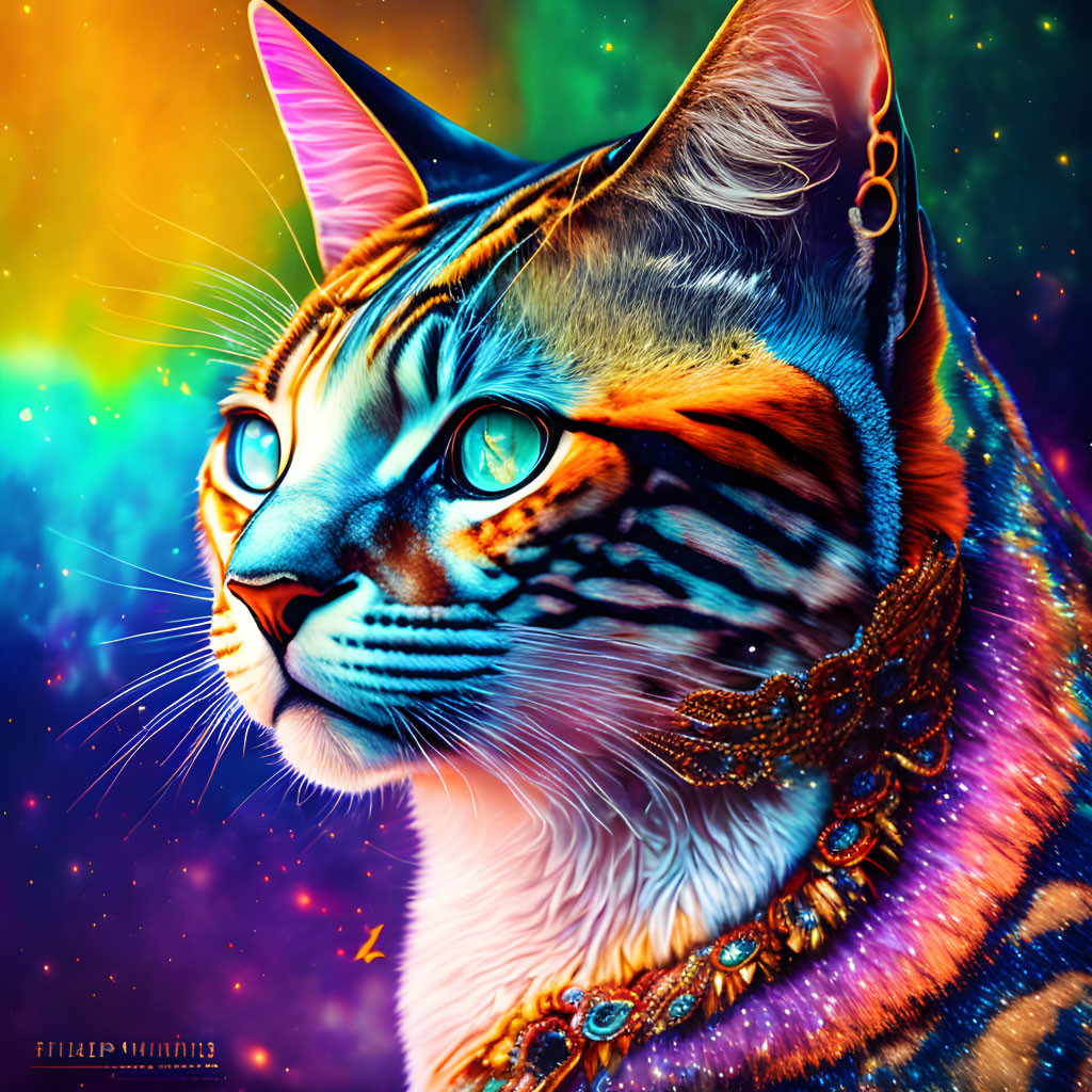 Vibrant digital art: Cosmic cat with jewel accessories and captivating blue eyes