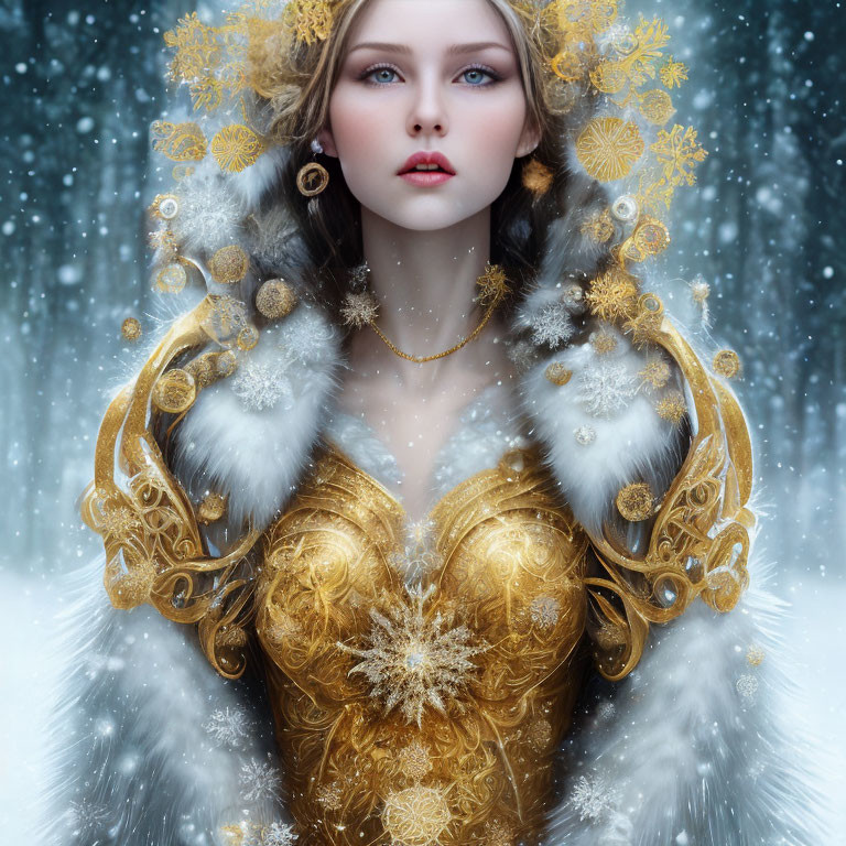 Ethereal woman in luxurious gold and white fur-trimmed dress against snowy backdrop