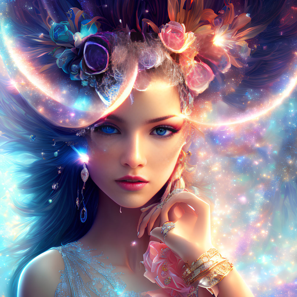 Vibrant blue-eyed woman with floral wreath and cosmic backdrop