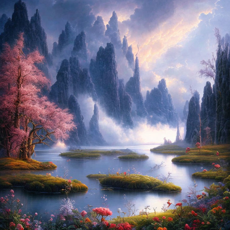 Fantasy landscape with rocky spires, waterways, greenery, pink blossom trees, and radiant