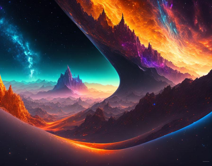 Surreal cosmic landscape with neon colors & starry sky