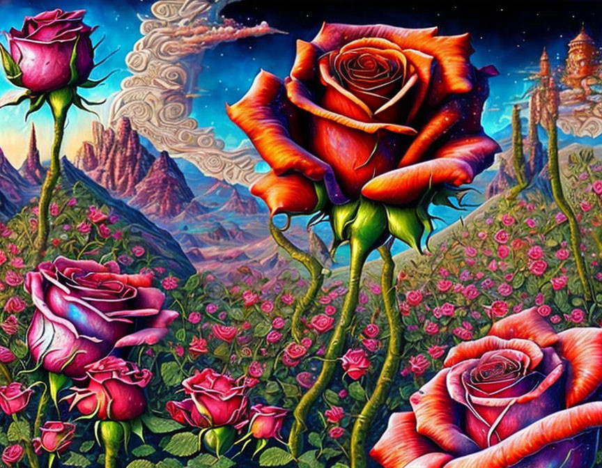 Colorful Artwork: Oversized Roses & Whimsical Landscape