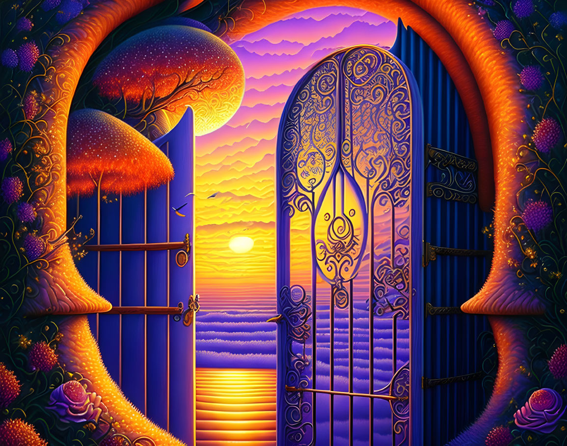 Enchanted garden with ornate gate, sunset over calm sea, glowing foliage