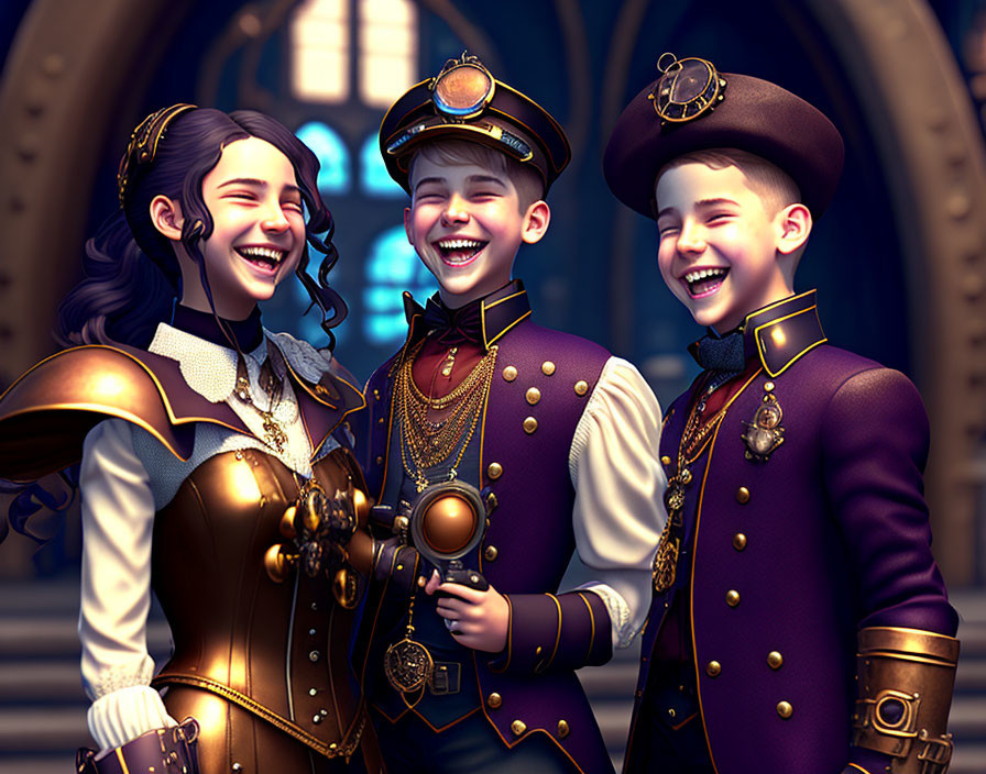 Three animated characters in ornate steampunk attire laughing in grand hall.