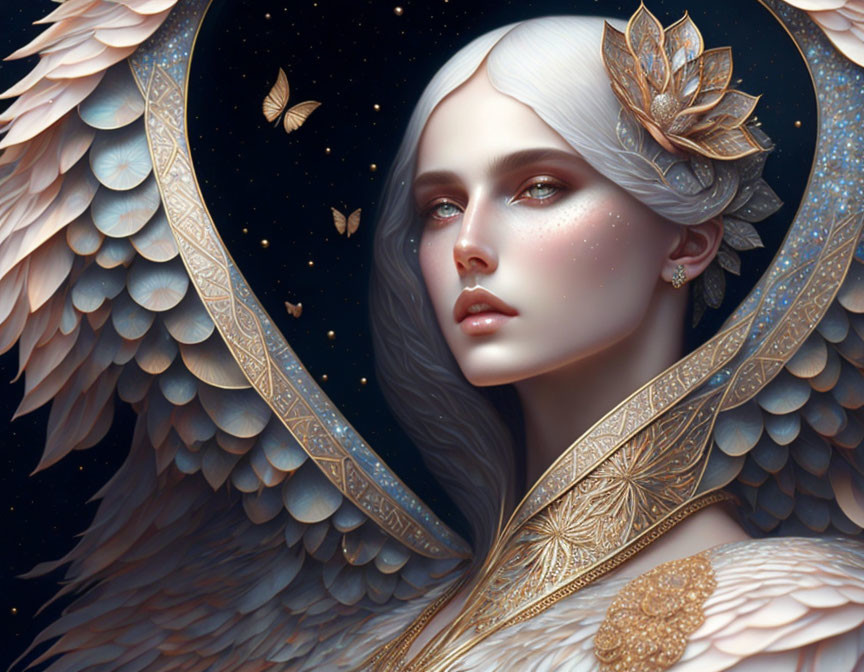 Serene female figure with white hair, feathery wings, and golden ornaments in ethereal night