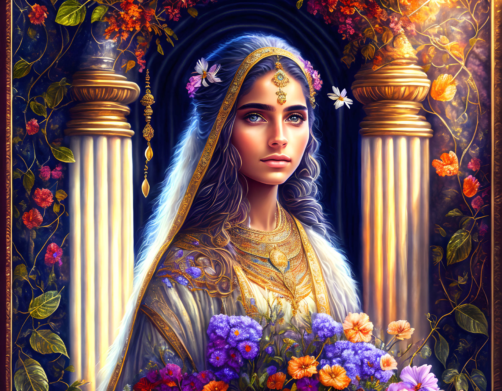 Detailed illustration of woman in gold jewelry and white robe among flowers and pillars.