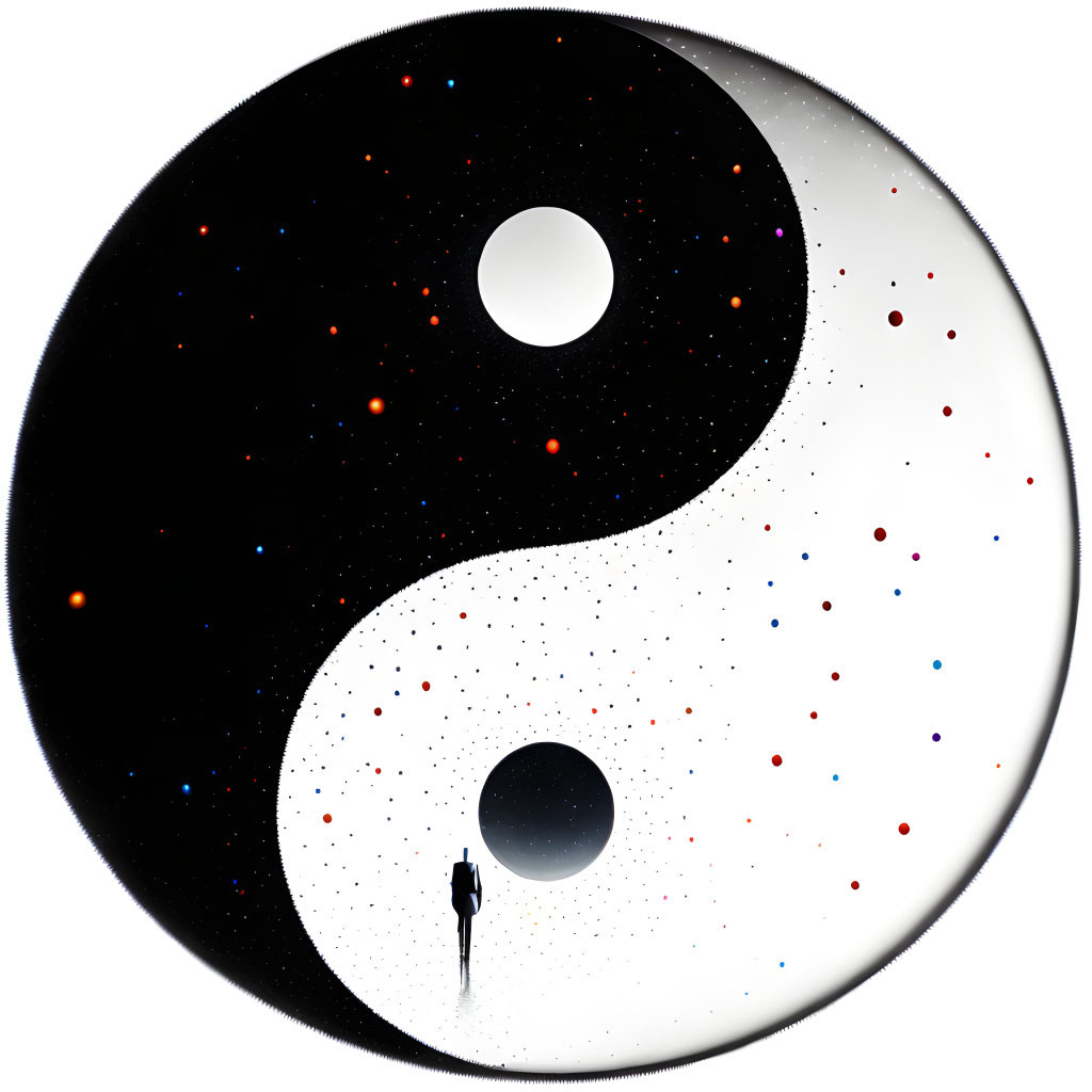 Person in Yin-Yang Symbol Surrounded by Cosmic Universe