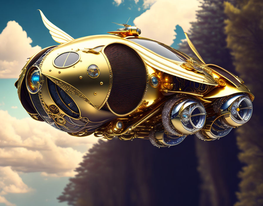 Steampunk-style airship with golden ornate designs and propellers in blue sky