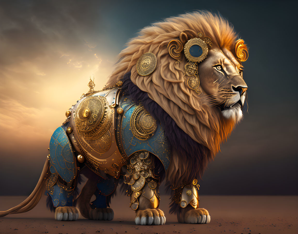 Regal lion adorned in golden and blue armor on dusky sky