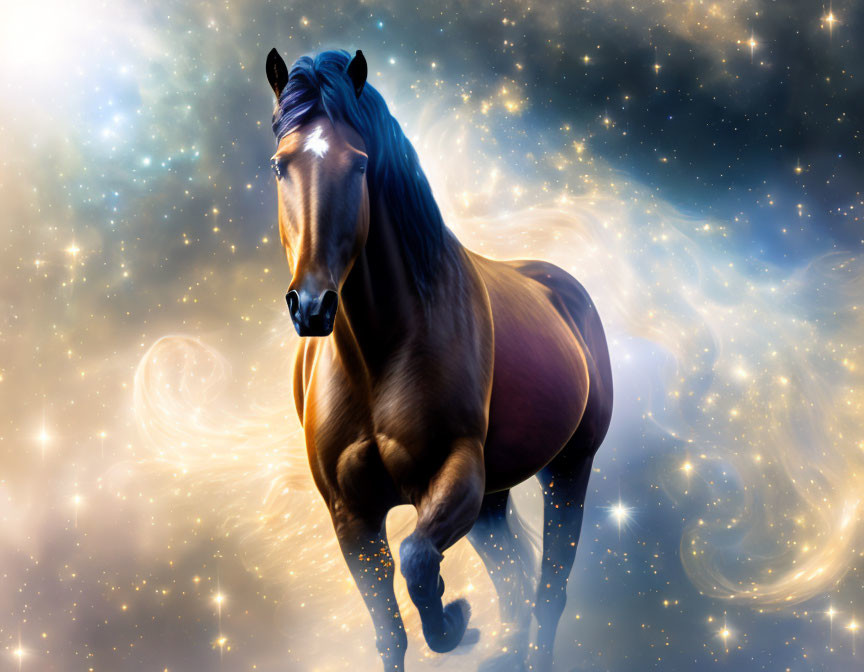 Brown horse with black mane against cosmic backdrop.