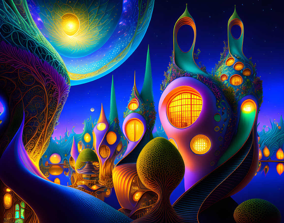 Colorful psychedelic landscape with whimsical trees and glowing windows under a starry night sky.