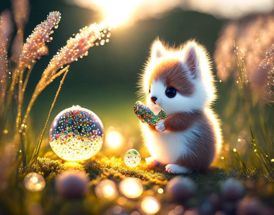 Digital Art: Fluffy Kitten Playing with Colorful Balls in Sunlit Field