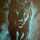 Majestic black panther with glowing blue eyes in mystical forest setting