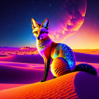 Colorful Fox Artwork: Fox on Desert Dune under Purple Sky