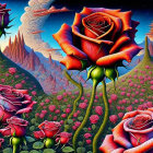 Colorful Artwork: Oversized Roses & Whimsical Landscape