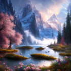 Fantasy landscape with rocky spires, waterways, greenery, pink blossom trees, and radiant