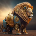 Regal lion with golden armor and crown under dramatic sky