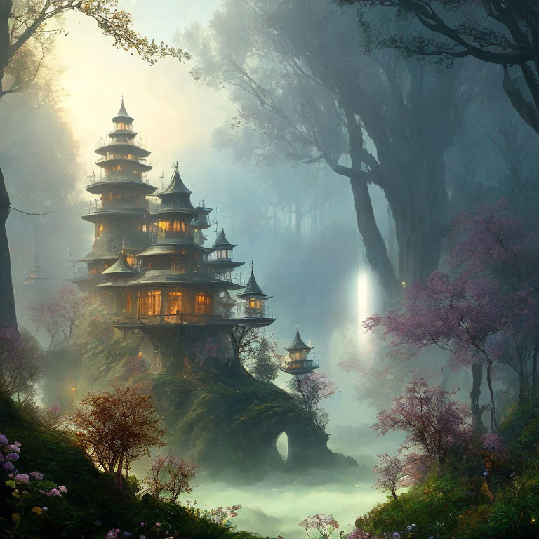 Misty landscape with pagoda, cherry blossoms, and stone bridge