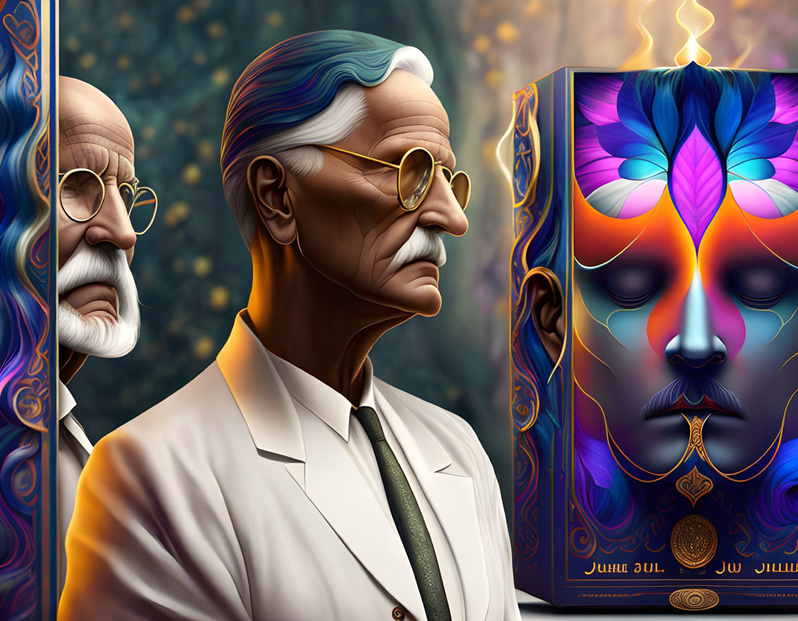 Colorful Abstract Illustration of Sigmund Freud and Mask Symbolizing Psychoanalysis