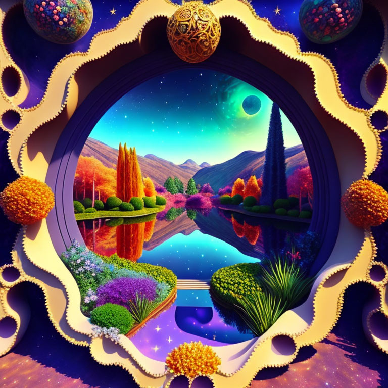 Colorful Trees and Celestial Sky in Ornate Egg-shaped Frame