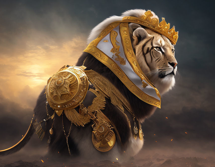 Regal lion with golden armor and crown under dramatic sky