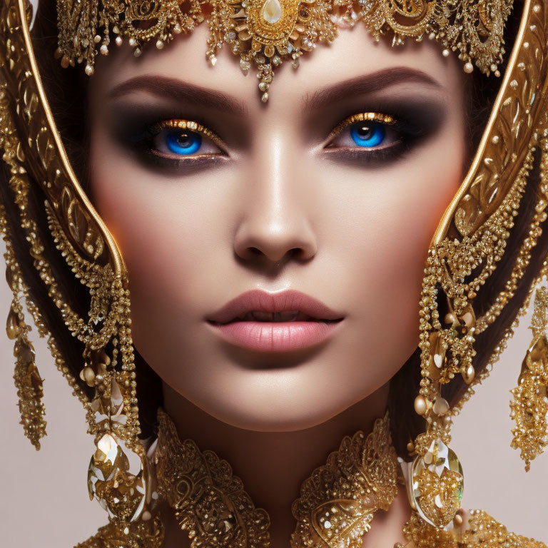 Portrait of woman with vivid blue eyes and ornate gold jewelry.