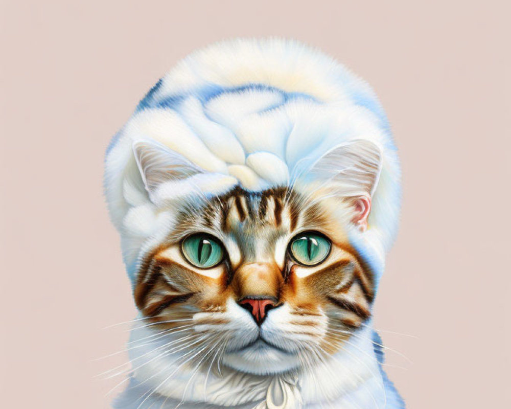 Detailed illustration of a cat with green eyes in white and blue chef's hat