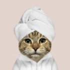 Detailed illustration of a cat with green eyes in white and blue chef's hat